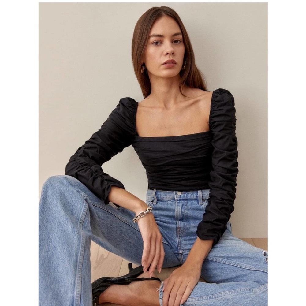 Reformation Women's Black Joi Ruched Stretch Organic Cotton Top Size 6